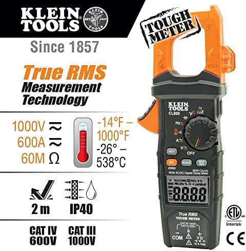Klein Tools CL800 Digital Clamp Meter, Autoranging TRMS, AC/DC волт/струја, LOZ, континуитет, фреквенција, капацитивност, NCVT, Temp, повеќе 1000V
