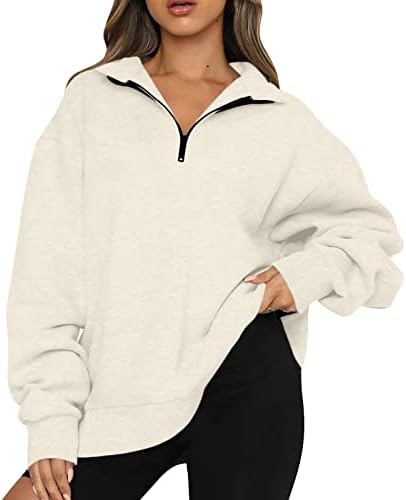 Женски преголем полу -зип пулвер врвови со долги ракави џемпери четвртина по поштенски патент џемпер џемпер тинејџери паѓаат облека