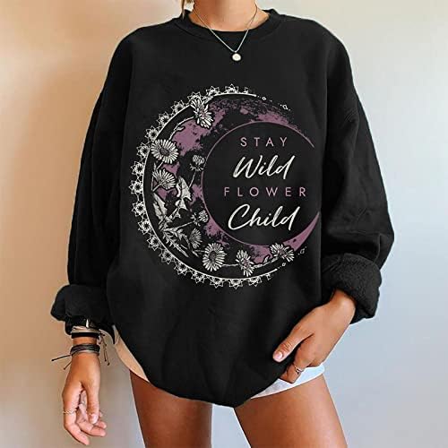 Женски букви графички печати за џемпери со тркалезни маички со долги ракави џемпери врвови од руно преголема блуза за пуловер