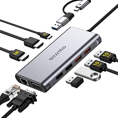 УСБ -докинг станица, Двоен монитор Giissmo USB C Докинг, Двојна HDMI, 10Gbps USB 3.1, Gigabit Ethernet, VGA, за Mac & MacBook M1 & Windows
