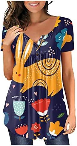 Topенски врвен краток ракав Туника со скриени маици за стомакот, цврсти градиенти Хенли маици 2023 летни облечени обични блузи