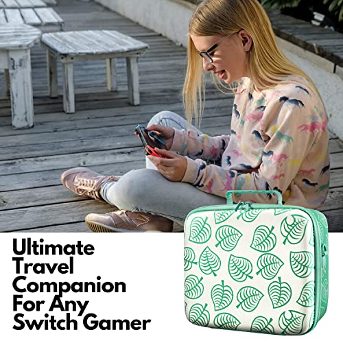 Случај за складирање на TNP со 2-In1 преносен пат за носење на патувања за Nintendo Switch New Horizon Animal Leaf Crossing Hard Shell Eva Material Touch Travel Deluxe, Controller oy-Con, држачи за игри картички