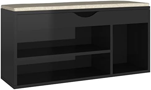 клупа за чевли Vidaxl со перница со висок сјај црна 40,9 x11.8 x19.3 иверица
