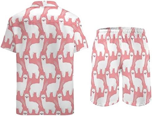 Пинк лама алпака мажи 2 парчиња хавајски сет копче-долу кошули со кратки ракави, панталони за плажа лабави вклопени манкети за тренерки