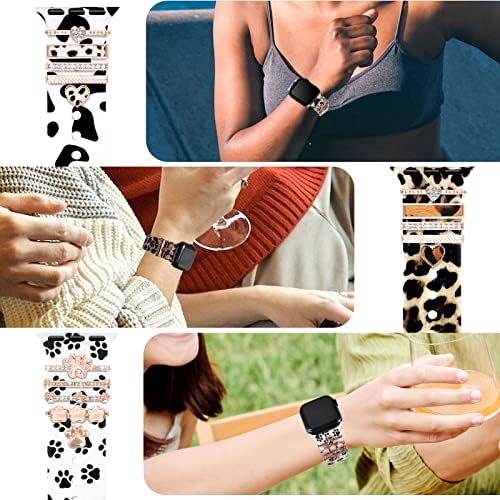 Печатен опсег за часовници со шарми компатибилни со Apple Watch 38mm 40mm 41mm 42mm 44mm 45mm 49mm, крава мека силиконска лента и декоративни