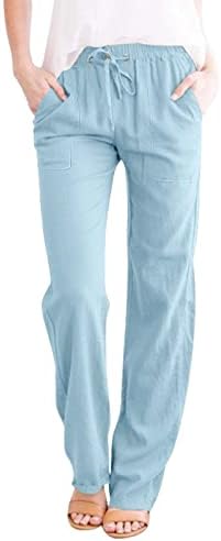 ЕТКИА Плус Големина Ленени Панталони Со Права Нога Фустани Со Висок Струк Ленени Панталони Со Џебови Широки Панталони За Нозе Жени