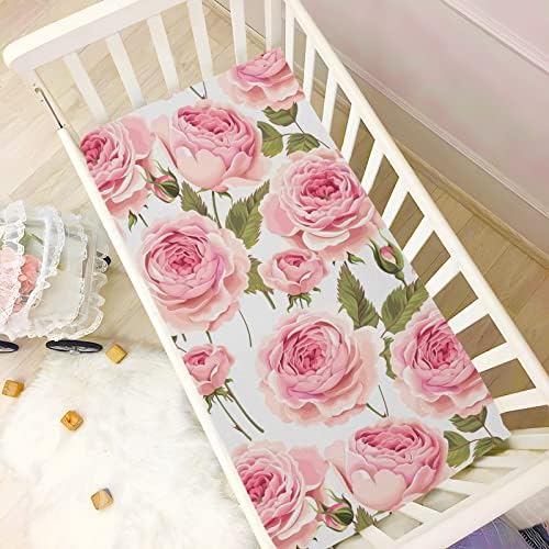 Алаза роза цветна креветче за креветчиња цветни опремени листови за басинет за момчиња девојчиња дете, стандардна големина 52 x 28 инчи