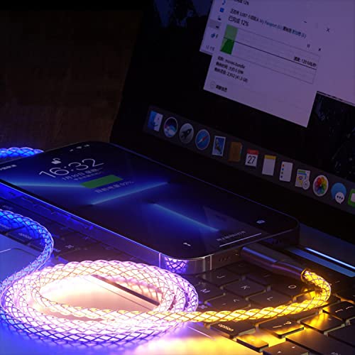 BDQQ Осветлете го кабелот за USB тип Ц, 6А 3,28ft Телефонски полнач, видлив LED кабел за полнење RGB блескаво постепено осветлување USB C Брзо