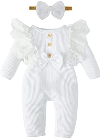 Облека за новороденчиња девојче Romper Onesie чипка за џемпери, цврста боја, симпатична облека за новороденчиња со глава со глава