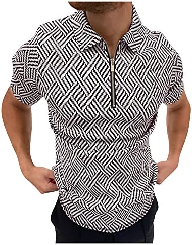 Машка маица GDJGTA Обичен патент со патент-јака блуза со блузи со харинга за печатење Полос кошула кратки ракави врвови блуза
