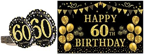 Трговски 60 -ти роденденски материјал - 60 -ти роденденски украси за украси Банер за жени мажи, 60 -ти црно -злато 24 хартија 7 x 7 инчи