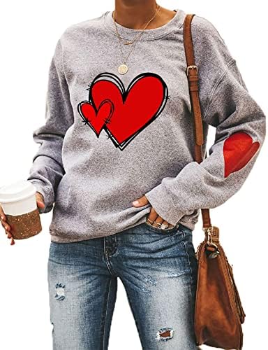Среќни кошули за Денот на вineубените, жените го сакаат срцето џемпери графички графички долги ракави на екипажот на врвови на врвови