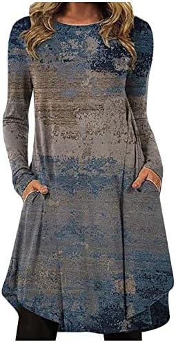 Jjhaevdy женски ретро моден обичен печатен печатен врат пулвер, лабав фустан со долг ракав