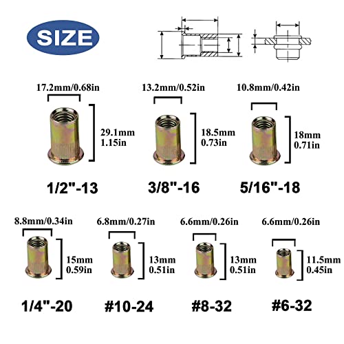 1720PCS SAE Rivet Nut Assastment Kit и 13 Комплет за пиштоли за орев, SAE UNC 6-32 8-32 10-24 1/4 -20 5/16 -18 3/8 -16 1/2 -13, комплет за