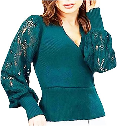 Капчиња Плетена Обвивка V Вратот Блуза Блузи За Жени Мода Шупливи Фенер Долги Ракави Џемпер Кошули