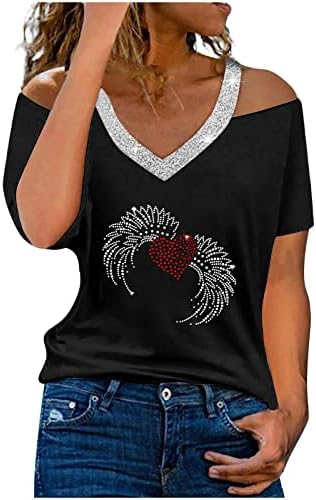 Есенска летна кошула девојки ладно рамо со кратки ракави памук длабоко v вратот графички врвен маица за жени 4i