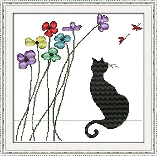 Комплети за вкрстени бод, Awesocrafts црна мачка и цвеќиња лесни обрасци вкрстени зашиени материјали за везење, печат или броење