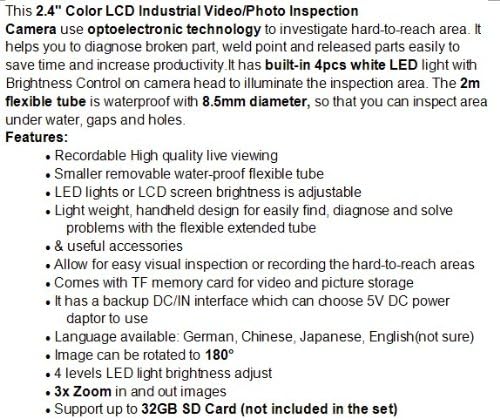 GOWE 2.4 TFT LCD видео/ фото камера инспекција 2м метар цевка Индустриски бораскоп 8,5мм ендоскоп змии w/ снимање и слот за TF