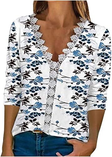 Тинејџерска девојка цветни печати тенки туники блузи чипка V вратот на вратот 3/4 ракав салон летни есенски блузи облека wd