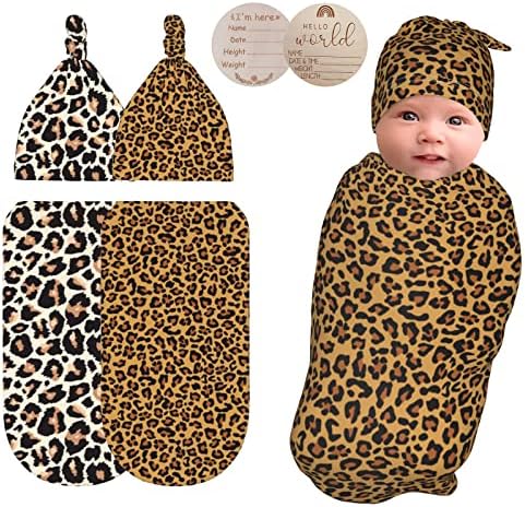 Смешна леопард Swaddle Clabte Hat Постави за 0-6 месеци момче девојче, меки прегратки за бебиња, 2 парчиња новороденчиња кои добиваат ќебиња со