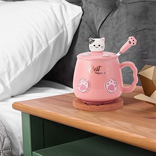 BGBG мачка чаша симпатична керамичка кафе чаша со прекрасен капаче за маче, лажица Каваи мачка, лажица, аниме мачка костер, новини за