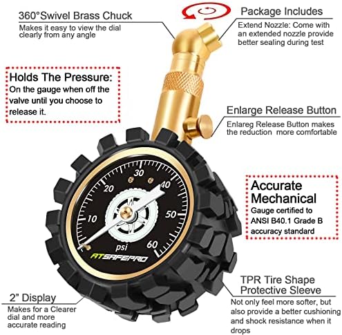 Мерач на притисок во гумите 60 psi, чистач на читлива аналогна гума на гуми во темнината, механички мерач на гуми за автомобили, велосипед,