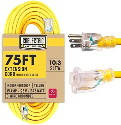 Кабел за продолжување на кабелкторик 75 стапки - 10/3 SJTW тешки жолти 10 мерачи Осветлен електричен кабел со 3 приклучен приклучок