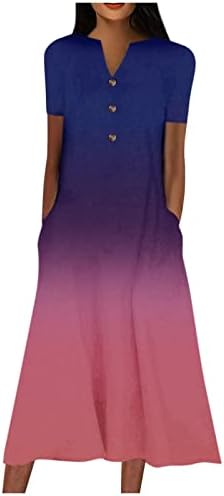 2023 година Копче за женски надолу фустан Градиент Ретро фустан V-врат Фустани со кратки ракави Флорални обични фустани со џебови