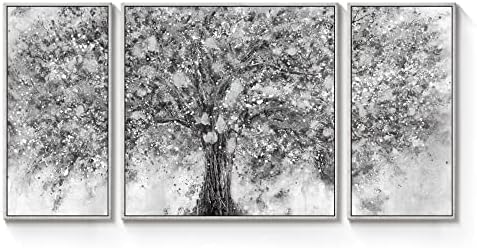 Дрво платно wallидна уметност врамена: 3 парчиња апстрактни сребрени сиви слики природно дрво на животот сликарство јавор цвет пејзаж отпечатоци
