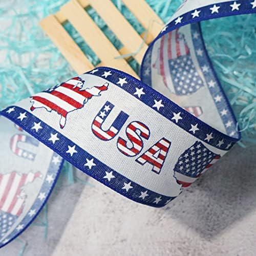 CT Craft LLC USA Map and Flag Wired Ribbon за патриотски, 4 -ти јули, домашен декор, завиткување на подароци, DIY занаети, 2,5