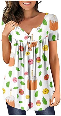 Женски летни кратки ракави врвови 3 копчиња фустани обични маици со врат со градиент печатење симпатична блуза туника за работа