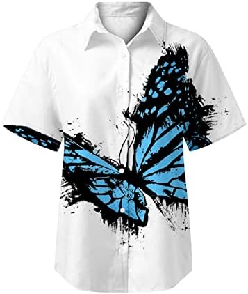 Дами кошули со кратки ракави копче надолу по ламјтни кошули за печатење на пеперутки летни обични кошули на плажа