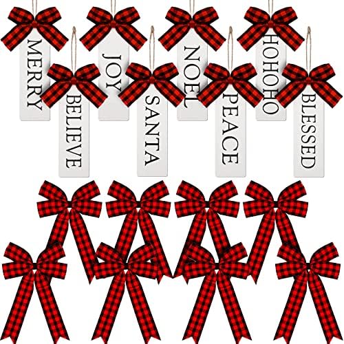 16 парчиња Божиќни дрвени ознаки етикети Божиќни желби дрвја украс фарма куќа дрвена збор што виси украси со биволи карирани лакови
