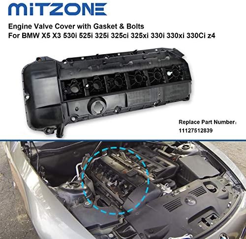 Покрив на вентилот на моторот Mitzone со завртки компатибилни со 09/2002-2006 BMW X5 X3 530I 525I 325I 325CI 325XI 330I 330XI 330CI Z4 Заменете
