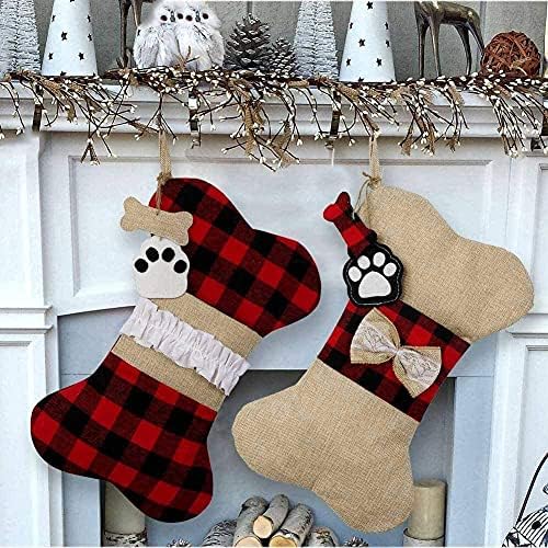 Тирито Шели Дом 2 парчиња миленичиња кучешки чорапи, божиќни чорапи, карирани со големи коски за миленичиња, класични висечки чорапи