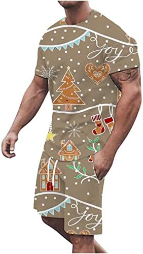 Mens 2 парчиња кошула поставена летна кратка ракав Хавајска Божиќна тема Печатена обични врвови на плажа со кратки спортски костуми