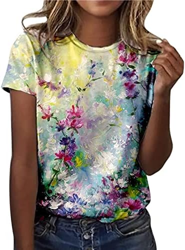 Врвна маица за жени лето есен за кратки ракави облека модна памучна екипаж вратот цветна графичка блуза MD MD