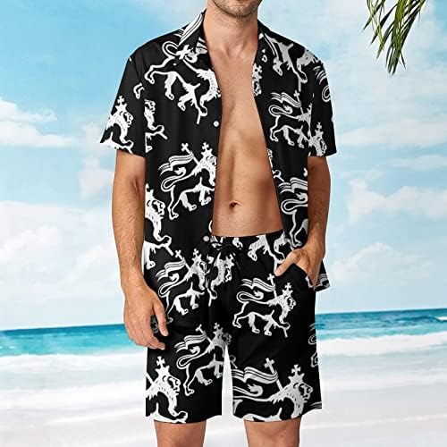 Јуда Раста Лав Машки 2 парчиња Облека на плажа на Хавајски копче надолу со кошула со кратки ракави и шорцеви костуми