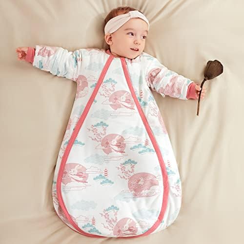 УСБЕТАС Бебе вреќа за спиење, памучно носење ќебе розово бебе паметно термостатско бебе за спиење со одвојлив долг ракав 1.0 TOG
