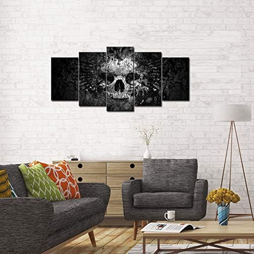 Нахичен wallид 5 парчиња платно wallидна уметност црно -бело сликарство на череп на платно апстрактен ден на Ноќта на вештерките на мртвите череп