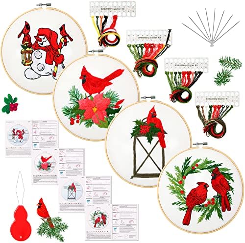 4 Поставете комплет за Божиќни вез за почетници Возрасни кардинални Божиќни крстовички крстовици DIY иглички комплети со обрасци и упатства,