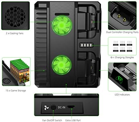 ОИВО СТАНД за ладење за Xbox One/S/X, 2 вентилатор за ладење, двоен контролер за полнење на док -станица со LED индикатори и 15 слотови за игри
