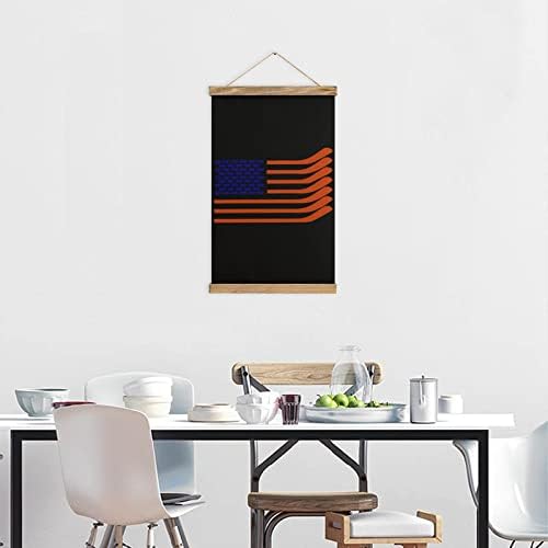 Лакроза стап со знаме Американско знаме платно wallидна уметност виси сликарство слика дрвена свитка тиково за дневна соба дома канцеларија