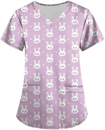 Среќни Велигденски кошули за жени зајаче графички краток ракав Туника врвови за обична празнична блуза униформа со џебови