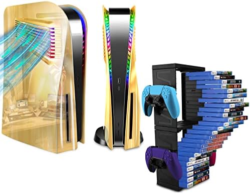 Плочи на конзоли Sikemay PS5 со ладење и LED светлосна лента за LED за PlayStation 5 Disc Edition и кула за складирање на игри за PS5/