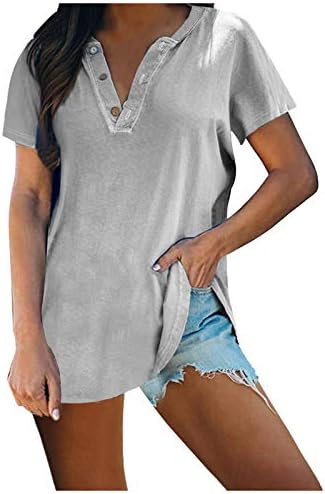Женски кошули Обична цврста боја V-вратче копче на врвови со кратки ракави летни лабави блузи маица маица