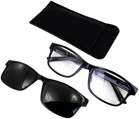 Глобални очила за читање на визија +2.25 Зголемување на црната рамка w/јасни леќи и совпаѓање на поларизирани нијанси на клип-на