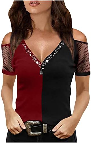 Маичка за блуза за тинејџерски девојки со кратки ракави ладно рамо v вратот памучна мрежа Rhinestone за крпеница бренд блуза SV