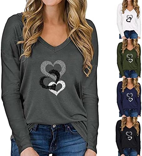 Плус големина врвови со долг ракав за жени слатки срцеви графички маички блуза случајно лабава вклопена секси секси V-врат пуловер