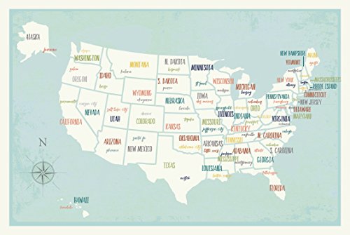 Уметнички принт на wallидни мапи во САД, 14x11 инчи, Kidидна мапа на САД во САД, Декор за детска соба, родова неутрална расадник,